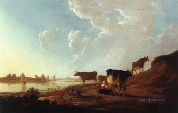 乳搾りをする女性の川の風景 田舎の画家 アルバート・カイプ Oil Paintings